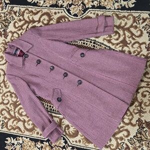 Pink Wool Blend Retro Style Long Tweed Jacket Coat With Large Buttons Y2K